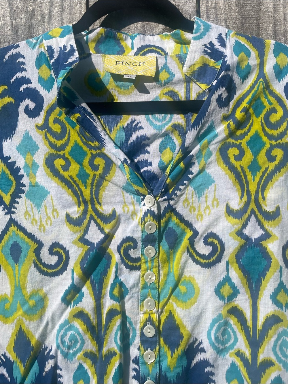 FINCH Blue & Lime Ikat Button-Front Tunic SZ M - Picture 2 of 10